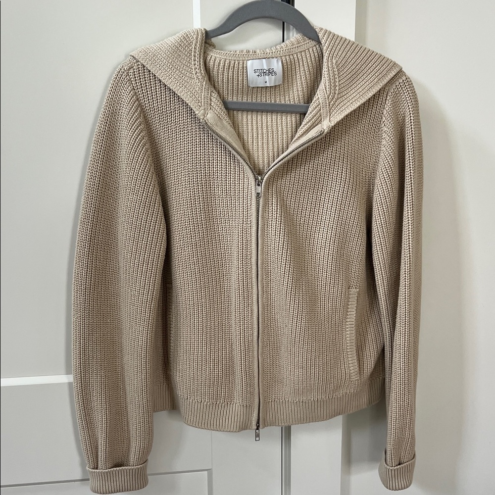 Stitches Neutral Beige Zip-Up Hooded Knit Sweater